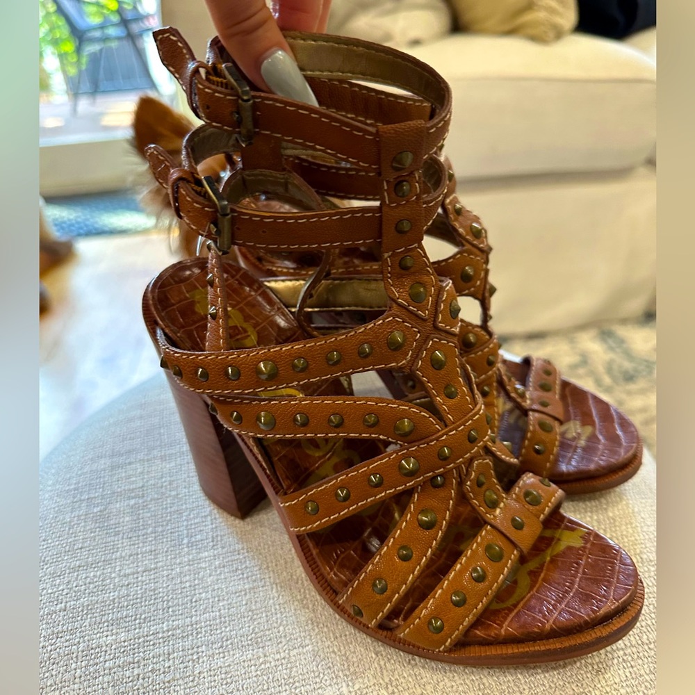 Sam Edelman Leather Studded Block Heel Gladiator Sandals - Brown, Sz 6.5